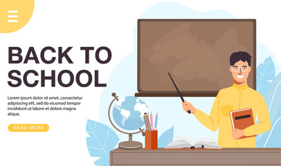 School time banner. School man teacher teach at blackboard in classroom. Teacher holding pointer and giving lesson. Vector web page banner illustration.