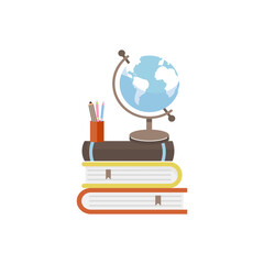 Stack of books, globe and stationery illustration. Concept composition for school, college, university. Vector on white background.