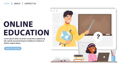 Online education, home schooling concept design. Young girl character studying with laptop. Man teacher on screen. Vector web page banner of online lesson.