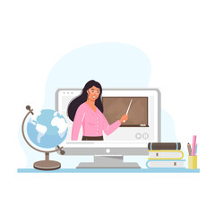 Online learning concept design. Young woman teacher on computer screen. Teacher holding pointer and giving video lesson. Vector illustration.