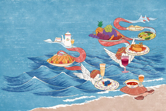 Illustration of Little angel holding French food at the beach feast between the waves. There are fresh vegetables, fruits, drinks and other delicious food.
