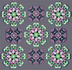 Sea foam and pink floral patterns on the brown background