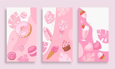 Pink sweet dessert vector illustration. Cartoon flat vertical web banner set with chocolate cake, homemade tasty muffin or ice cream cupcake, fresh strawberry milkshake, sweet food gourmet collection