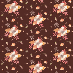 Watercolor seamless thanksgiving pattern. Hand painted gift boxes tied with ribbon, rowan and oak leaves, acorns, physalis buds, star anise, cloves spice, rose hip