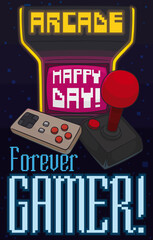 Retro Arcade Machine, Controller and Joystick Promoting Gamer Day, Vector Illustration