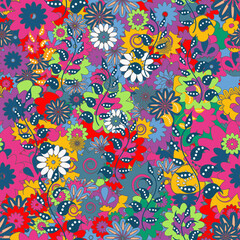 Seamless pattern with bright folk floral ornament, vector illustration