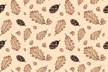 Vector seamless pattern with autumn sybmols, hand drawn doodle oak tree leaves, acorns, seasonal autumn backdrop. Perfect for wallpaper, wrapping paper, textile