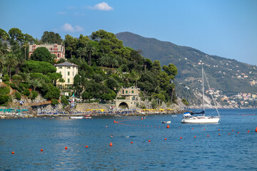Obraz premium Small slope, Ponta Pagana, from the main beach of Santa Margherita Ligure, Liguria region, Genoa province Italy