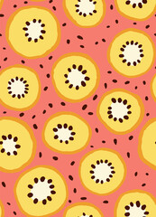 Fototapeta na wymiar Golden Kiwi sliced fruit seamless pattern. Vector illustration doodle style