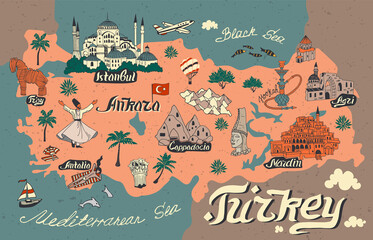 Illustrated map of attractions of Turkey. Culture and national color of the country
