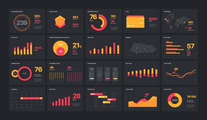 Elements of infographics on a black background. For business layout, presentation template, flyer, leaflet and corporate report. UI and UX Kit with big data visualization.