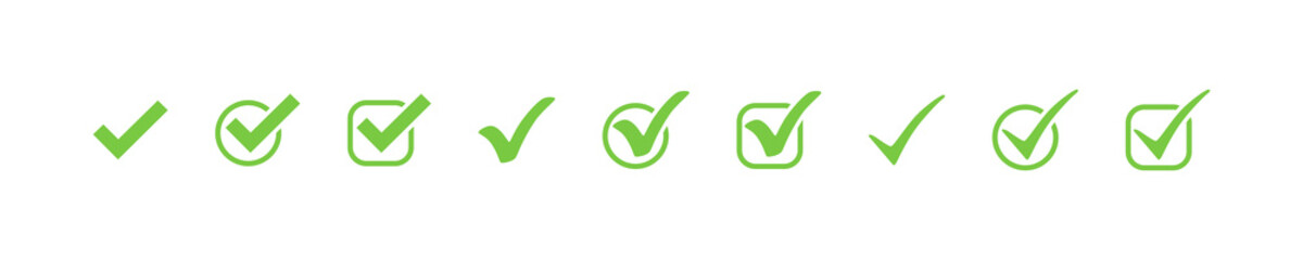 Check marks. Check mark green vector icons, isolated. Simple check marks. Checklist symbols. Vector illustration