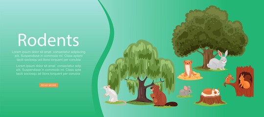 Rodents inscription on bright banner, set cute animal, mammal, little funny pets, design cartoon style vector illustration. Forest, steppe and water rodents in nature, natural habitat, green trees. © partyvector