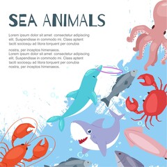 sea animals, banner inscription, background information, ocean marine nature, design cartoon style vector illustration. Cute underwater aquarium, tropical coral world, exotic summer, fish collection