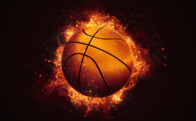 Fototapeta premium Flying basketball ball in burning flames close up on dark brown background. Classical sport equipment as conceptual 3D illustration.