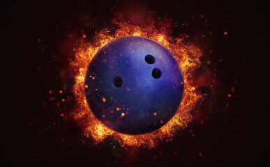 Flying bowling ball in burning flames close up on dark brown background. Classical sport equipment as conceptual 3D illustration.