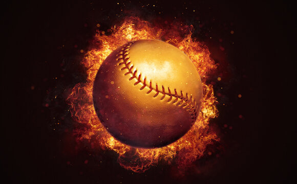 Flying baseball ball in burning flames close up on dark brown background. Classical sport equipment as conceptual 3D illustration.
