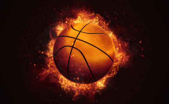 Flying basketball ball in burning flames close up on dark brown background. Classical sport equipment as conceptual 3D illustration.