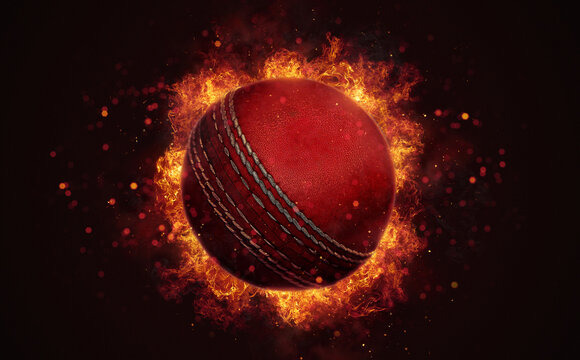Flying cricket ball in burning flames close up on dark brown background. Classical sport equipment as conceptual 3D illustration.
