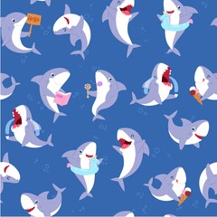Obraz premium Seamless shark pattern, cute underwater animal, funny sea fish, happy blue wallpaper, design, cartoon style vector illustration. Marine wild fashion background, wildlife summer, sweet aquatic life.