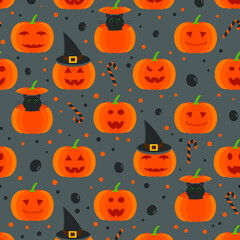 This is a seamless pattern with a pumpkin, cat, and hat on a gray background.