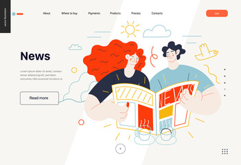 Business topics - news, web template, header. Flat style modern outlined vector concept illustration. A couple, man and woman reading a newspaper together. Business metaphor.