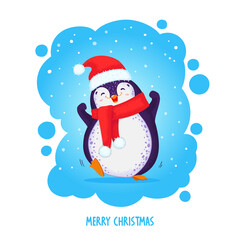 Christmas hand drawn cute penguin. Colored vector illustration in cartoon style. Great for  greeting prints, decor and web design. All elements are isolated.
