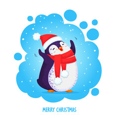 Hand drawn cute dancing penguin in red santa hat. Merry Christmas greetings. Vector illustration in cartoon style. Pre-made postcard.