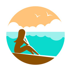 Silhouette of a girl at a beach resort. Sits on the seashore. Vector round illustration.