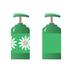 Green soap dispenser in a bottle. Variant of a label with and without chamomile. Vector isolated illustration.