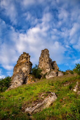 Dnister River Canyon with sharp hills above the river. Beautiful places to relax