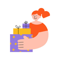 Young woman with smile holds gift boxes in hand. Trendy flat vector illustration isolated on white background. Art for greeting card, web banner, social media, sticker or print. 