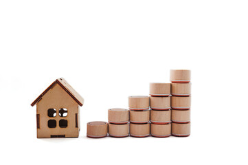 The concept of personal spending, shopping and finance. House, Trolley, Ladder Up on White...