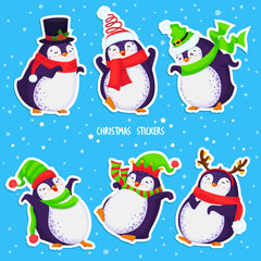 Cute hand drawn dancing  penguins set. Merry Christmas greetings. Different clothing and santa hats, various poses. Vector illustration. All elements are isolated. Pre-made stickers.