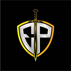 The initials E P is a shield decorated with knightly swords, the letters are colored with a metallic texture (chrome, silver, stainless steel) isolated on a black background.