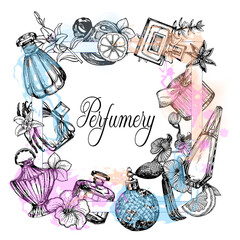 Poster / card / composition of hand drawn sketch style colored bottles of perfume and plants isolated on white background. Vector illustration.