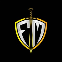 The initials F M is a shield decorated with knightly swords, the letters are colored with a metallic texture (chrome, silver, stainless steel) isolated on a black background.