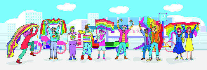 LGBT people raise up rainbow flag for demands equality on the street in the center of the city , vector picture.