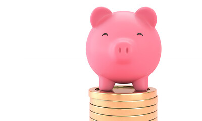 close up of a smile pink piggy bank on the golden coin on white background. Money saving and economy concept. 3d render. isolated.