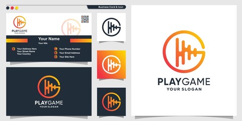 Game logo with play line art style and business card design template Premium Vector