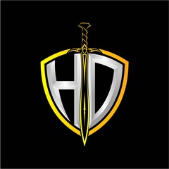 The initials H O is a shield decorated with knightly swords, the letters are colored with a metallic texture (chrome, silver, stainless steel) isolated on a black background.