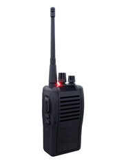 black walkie talkie, portable radio transceiver communication isolated on white background