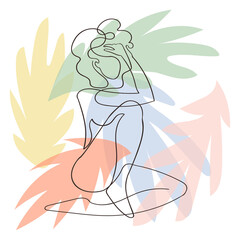 Vector outline illustration of woman body on floral background with exotic leaves. One line drawing. Greeting card, poster, banner, social media post, fashion print, invitation, sale, brochure