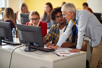 Teacher with pupil looking at computer