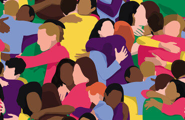 
Diverse multiethnic group of people hugging each other in the crowd. Support and unity, social diversity and health benefits of a hug concepts. Vector seamless pattern. 
