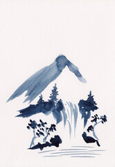 Stock oriental style watercolor mountains scenery with waterfall and pine trees. Can be used for asian style shop or cafe decoration or as background drawing for relaxation, meditation & restoration. 