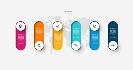 Vector Infographic 3d long circle label, infographic with number 6 options processes.