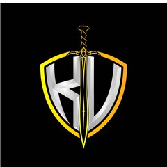 The initials K V is a shield decorated with knightly swords, the letters are colored with a metallic texture (chrome, silver, stainless steel) isolated on a black background.