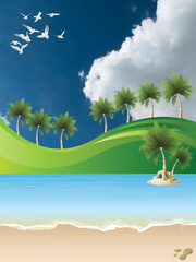 Picturesque tropical paradise landscape with ocean and grass hills set against a cloudy blue sky