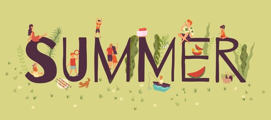 Useful rest, composition summer capital letters and tiny people, outdoor recreation in nature, design cartoon vector illustration. Active lifestyle, colorful landscape, travel adventure, hiking,
